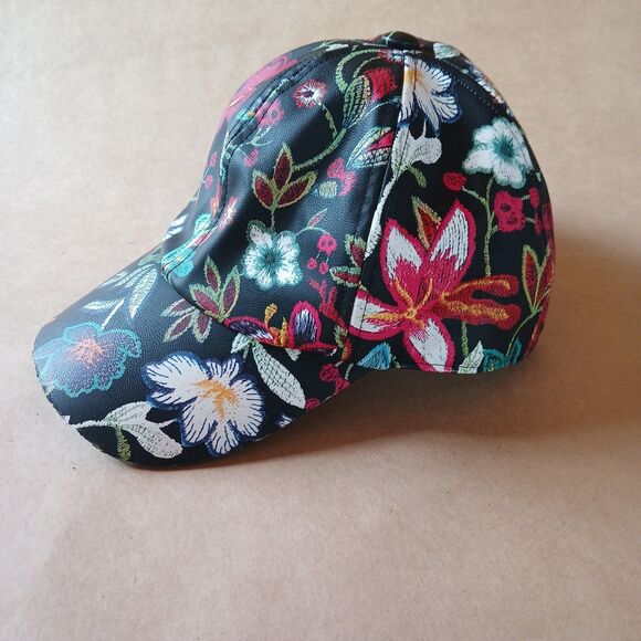 Floral Black Faux Leather Adjustable Closure Baseball Hat Cap - Picture 3 of 7